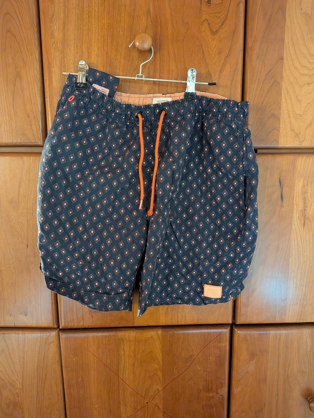 Men's Navy Patterned Swim Shorts with Orange Drawcord - Unknown Brand